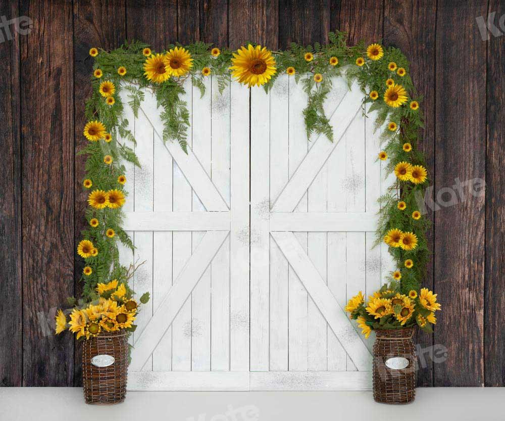 Kate Herbst Sonnenblumen Hintergrund weißes Scheunentor von Emetselch - Kate Backdrop.de