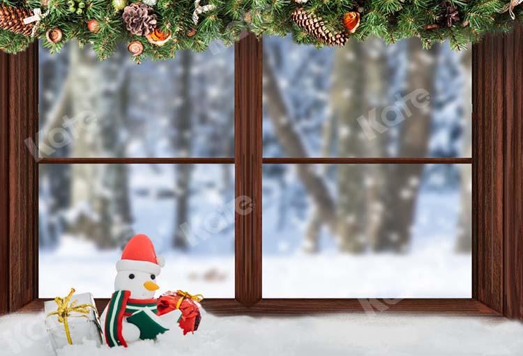 Kate Weihnachten Winter Holz Fenster Schneemann Hintergrund von Chain Photography