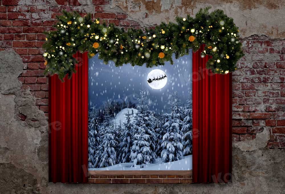 Kate Weihnachten Fenster Hintergrund Weihnachtsmann und Schlitten für die Fotografie - Kate Backdrop.de