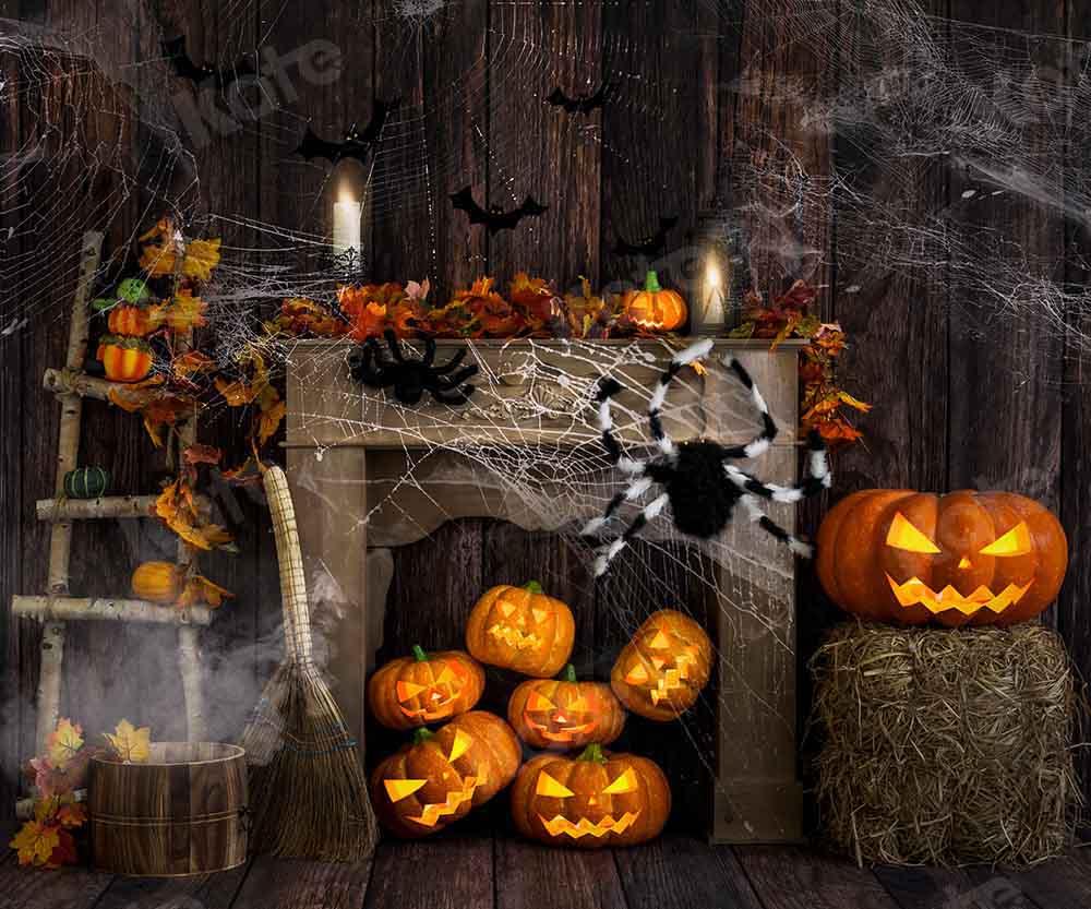 Kate Halloween Hintergrund Herbst Holz Spinne  von Emetselch