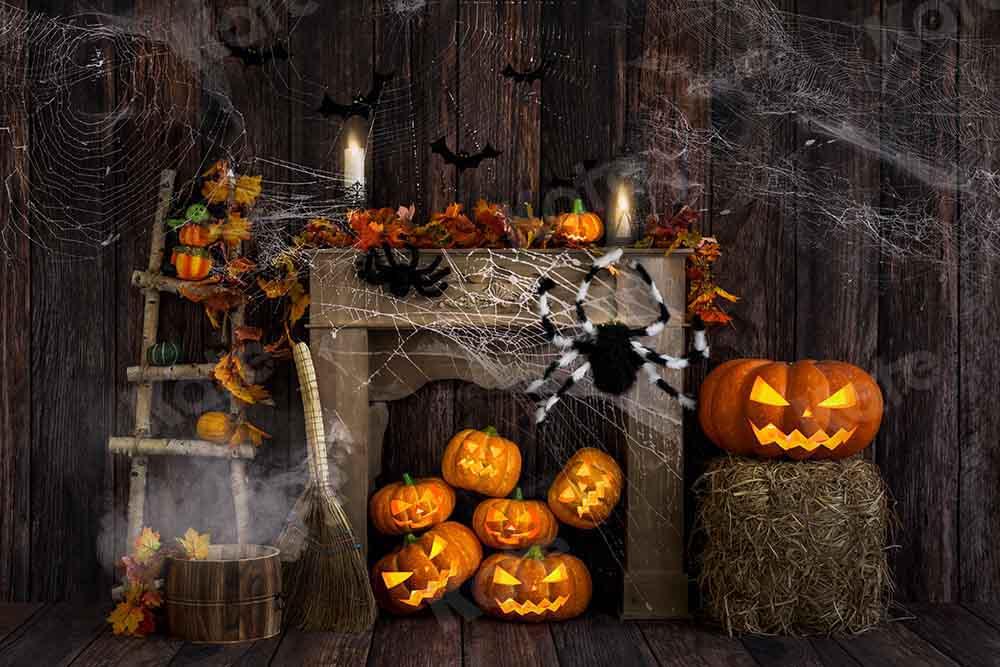 Kate Halloween Hintergrund Herbst Holz Spinne  von Emetselch