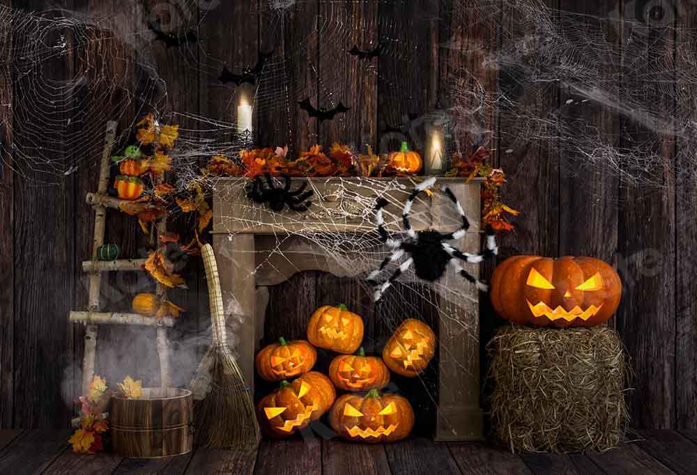 Kate Halloween Hintergrund Herbst Holz Spinne  von Emetselch