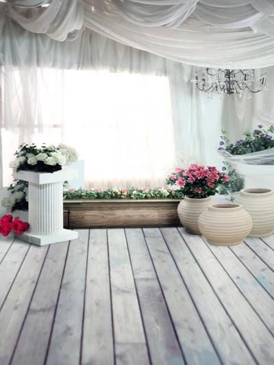 Kate Hochzeitsholzboden mit weißen Vorhängen und Blumenhintergründen für Fotografie - Kate Backdrop.de