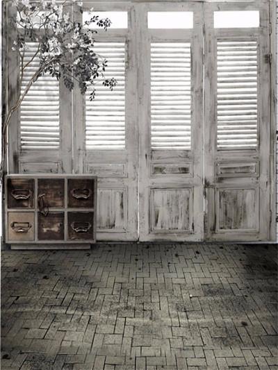 Katebackdrop：Kate Wood White Door Backdrops Dark Brick Floor Indoor