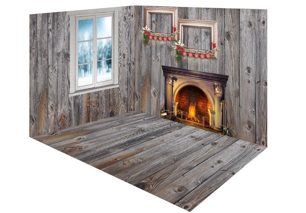 Katebackdrop：Kate Christmas gray wood room set