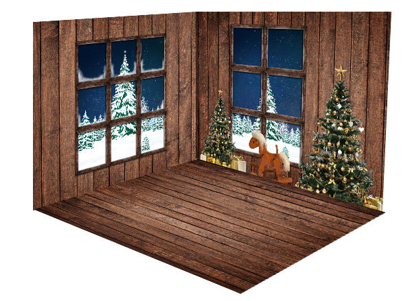 Kate Weihnachtsbaum-dunkelbraunes Bretterboden-Fensterraumset