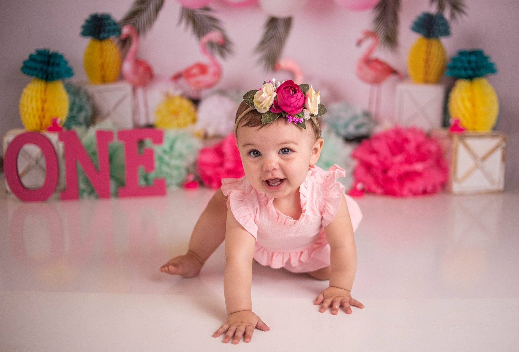 Kate Balloons Blumen Flamingo Sommer Kulisse für Fotografie von Mandy Ringe Fotografie entworfen - Kate Backdrop.de