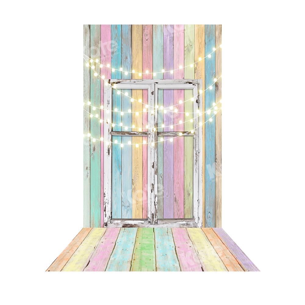 Kate Geburtstag Baby bunte Holzwand mit Fenster Ostern Hintergrund+Holz Gummimatte Bodenmatte schäbig - Kate Backdrop.de