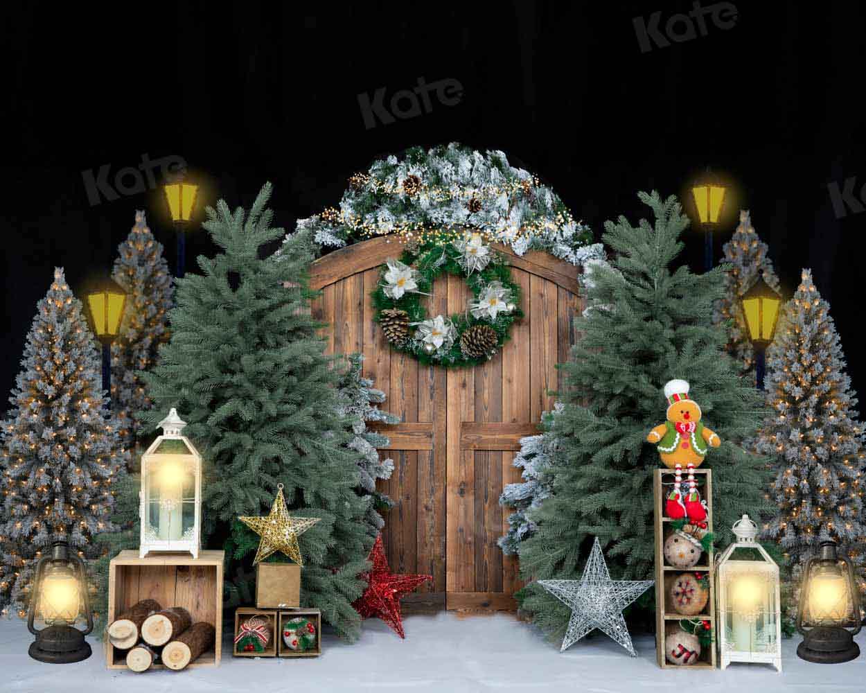 Kate Weihnachten Bäume Hintergrund Kranz Scheunentor von Emetselch - Kate Backdrop.de