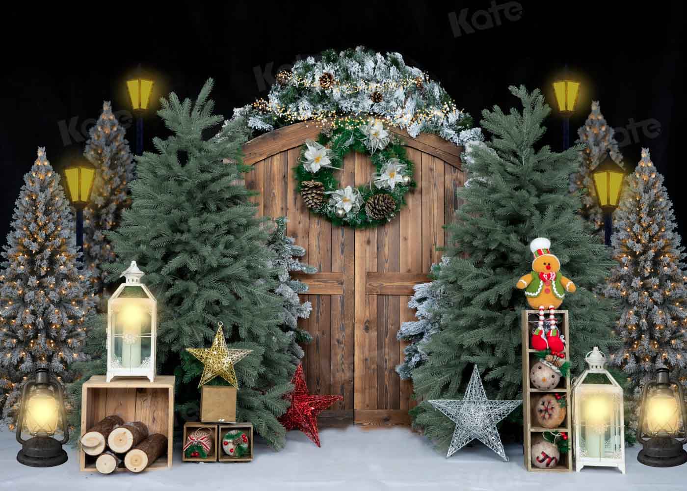 Kate Weihnachten Bäume Hintergrund Kranz Scheunentor von Emetselch