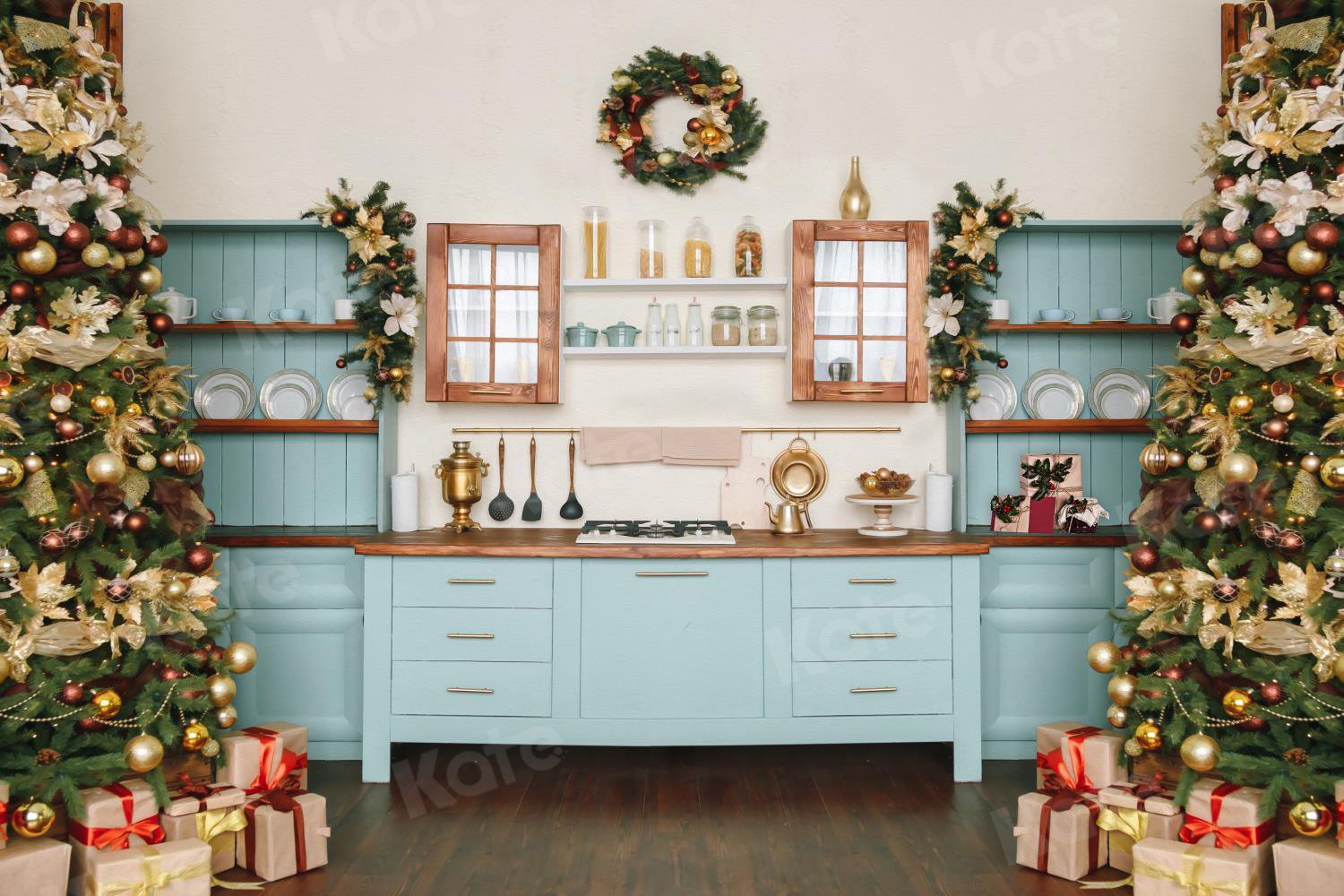 Kate Weihnachten Küche Schrank Hintergrund Blau für Fotografie