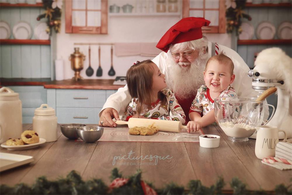 Kate Weihnachten Küche Schrank Hintergrund Blau für Fotografie